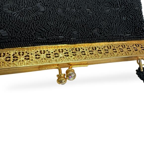 Vintage 1950s Black Beaded Hong Kong Evening Purse Gold Filigree AB Clasp - Picture 10 of 16